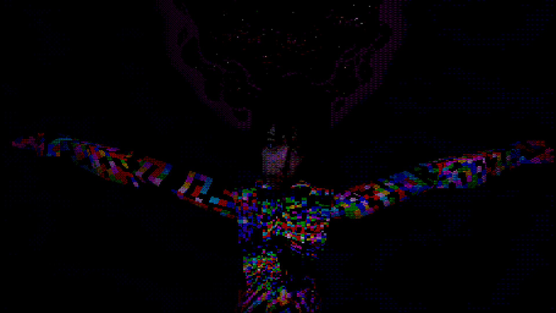 A psychedelic person standing under a fractal angel